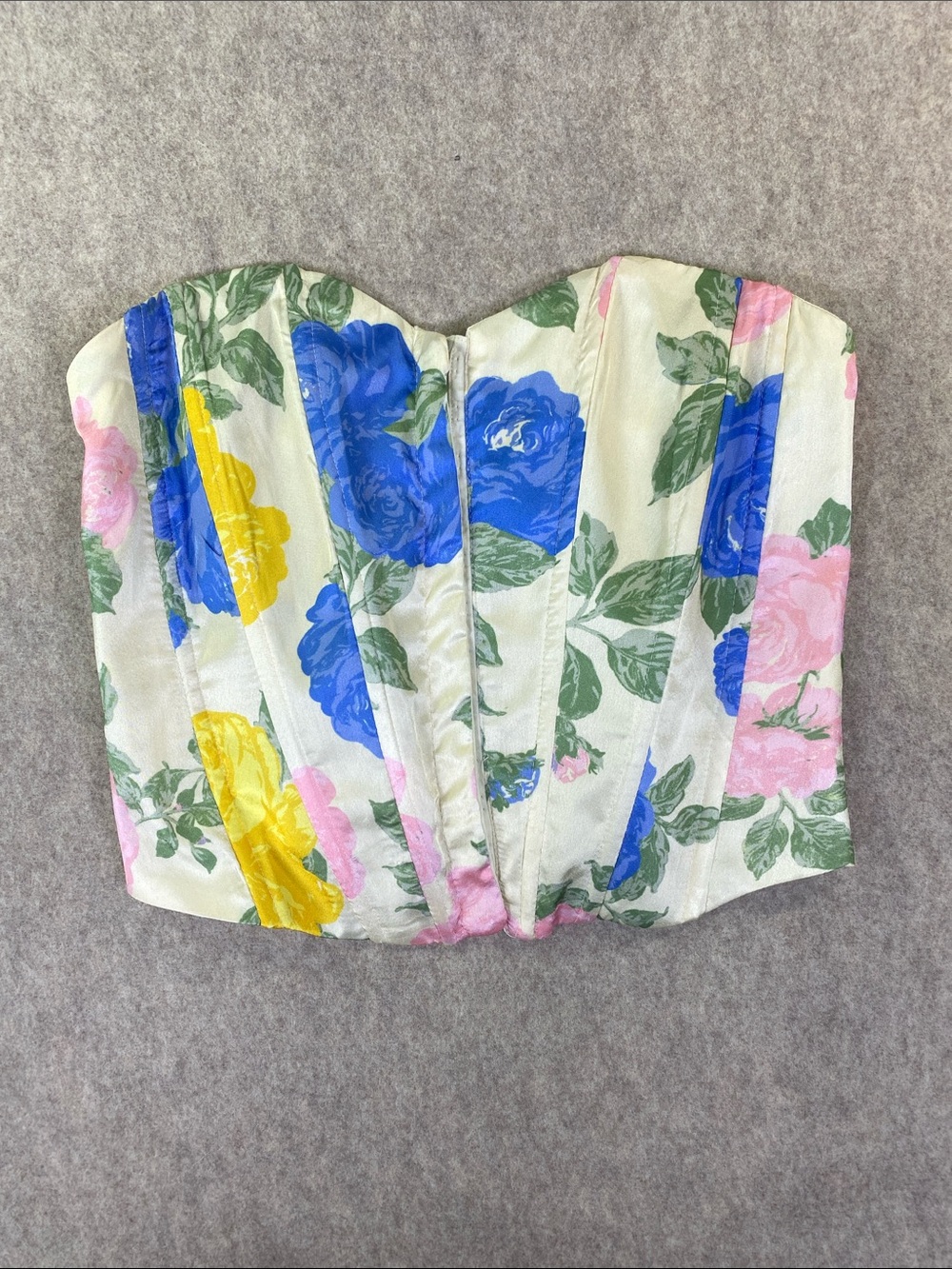 Floral Strapless Corset Top in Cream with Blue, Pink & Yellow Roses - Picture 1 of 8